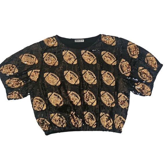 WHY DRESS Black Gold Sequin Football-Shaped Embellished Crop Top Size Small, NWT - Picture 2 of 8